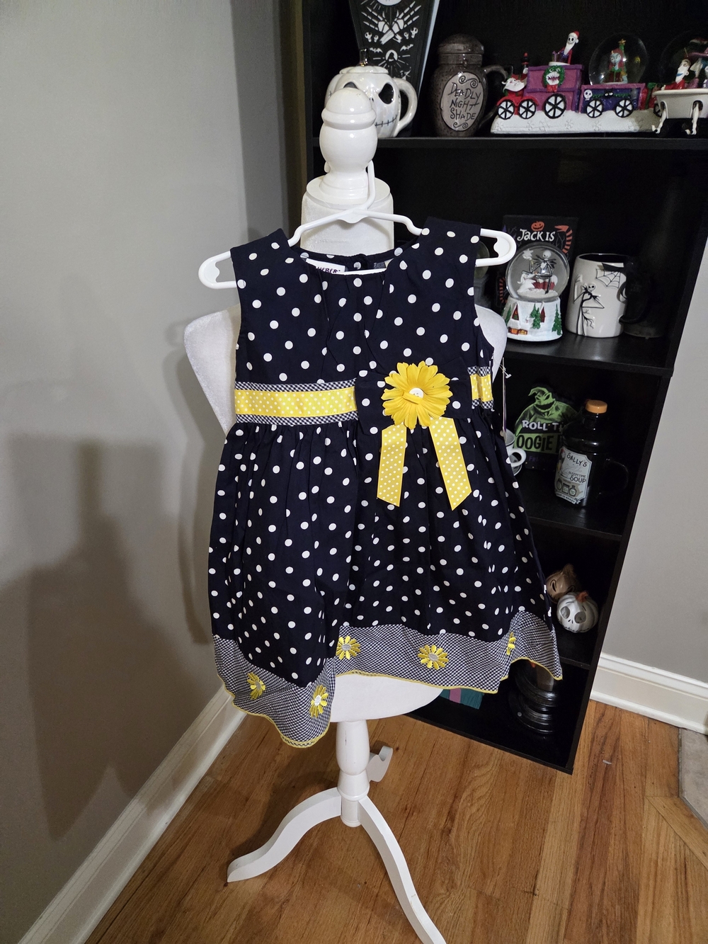 Blueberi Boulevard Navy Polka Dot Dress with Yellow Flower Accent